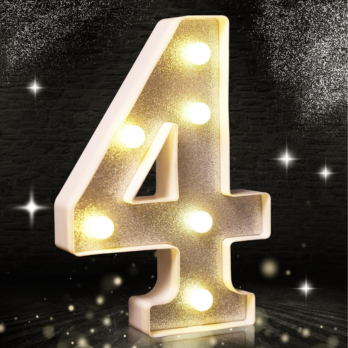 4 Led-licht, zilveren glitter LED-licht, glitter nummerverlichting, geschikt voor verjaardagsdecoratie, babyshower, bruiloft achtergrond woondecoratie, 20,5 cm zilver, nummer 4 (warm wit)