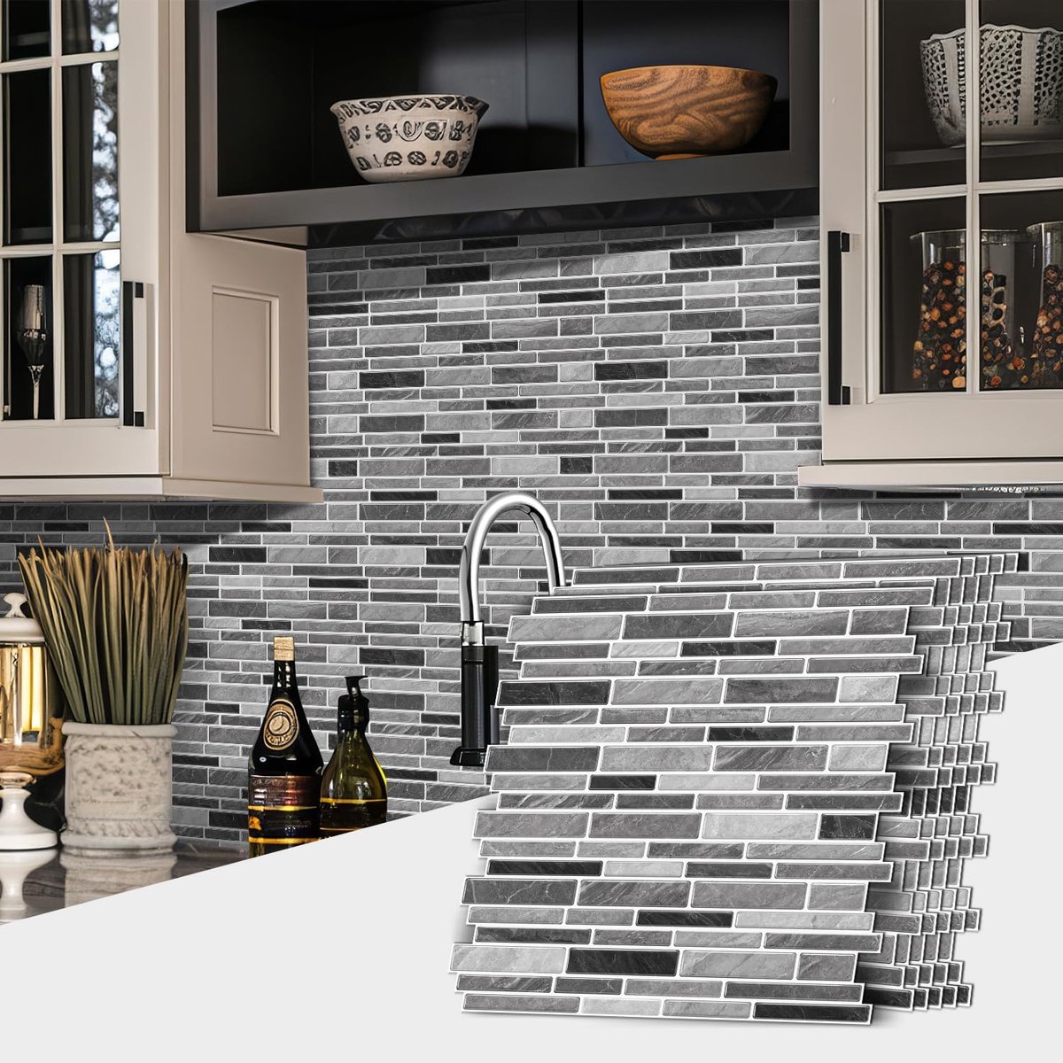 Tegelsticker, 12 inch/30,5cm 10 stuks Grijs Marmereffect Zelfklevende Plaktegels Transfer voor Badkamer Keuken, Backsplash, Peel and Stick Vinyl Tegelstickers