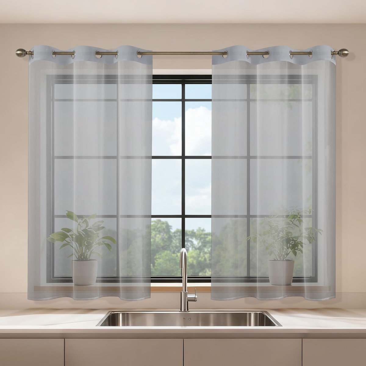 Gordijnen met ringen, 2 stuks, 90 x 120 cm, kort, voor slaapkamer, woonkamer en keuken, grijs