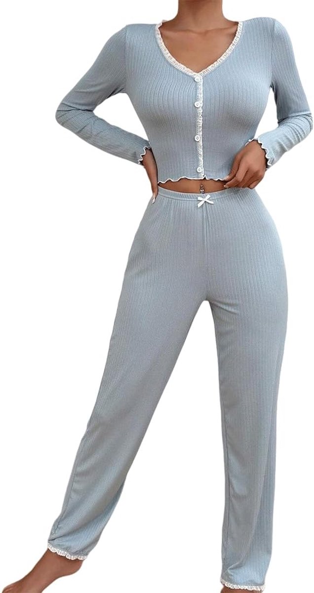 Pyjama dames 90% polyester 10% elastaan pyjama set lange tweedelige nachtkleding sleepwear pyjama dames lange mouwen pyjama set met knoopsluiting tweedelig