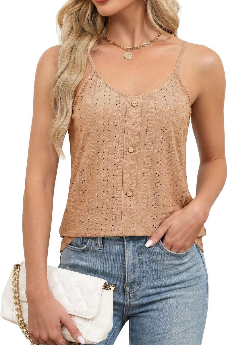 Tanktop voor dames met V-hals, verstelbare bandjes met retro-knoopdetail, ademende zomertop voor business en vrije tijd, nauwsluitende blouse voor dames