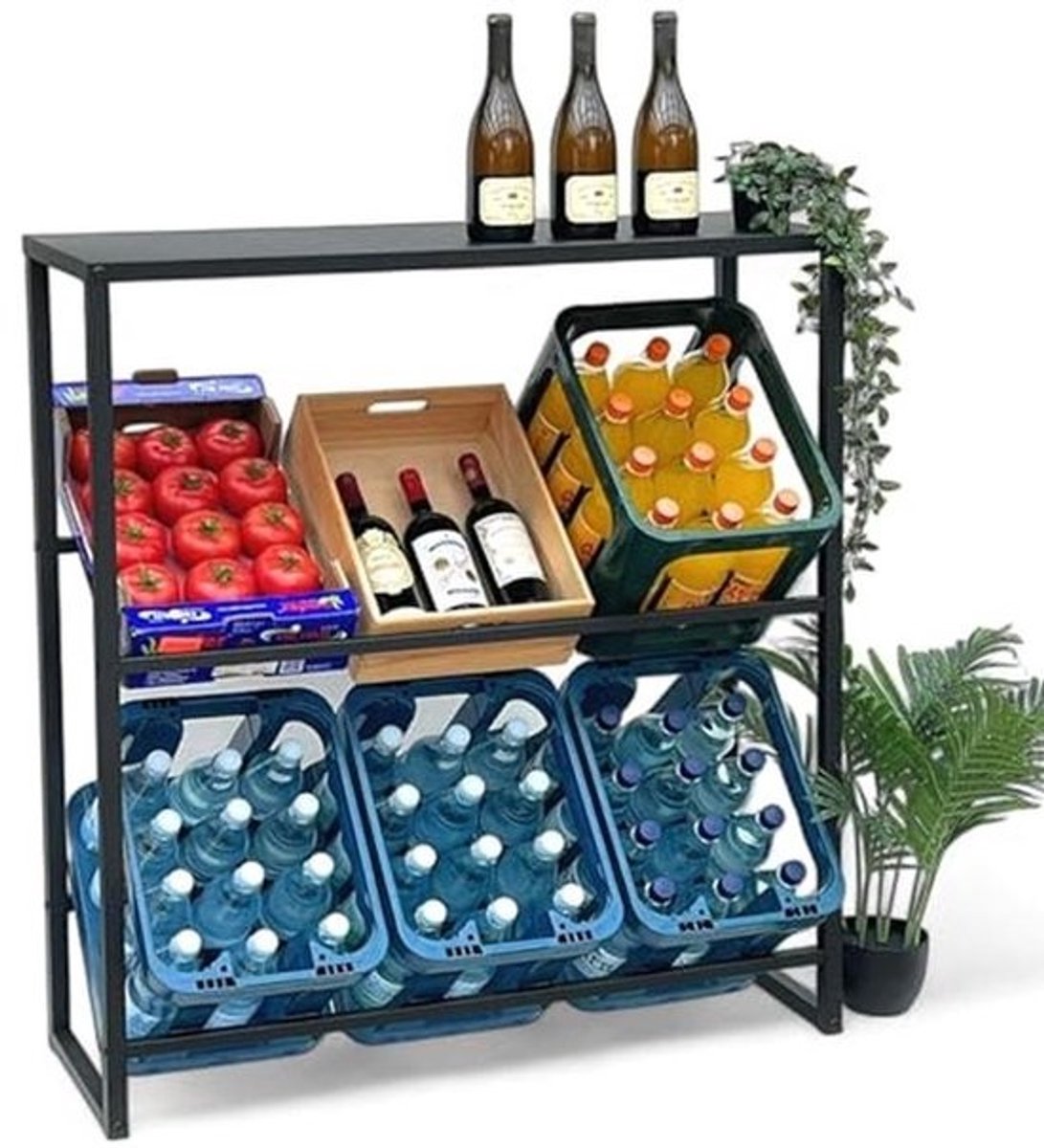 Stabiel Metalen Drankratjesrek met 6 Kisten en Plank - 100 cm