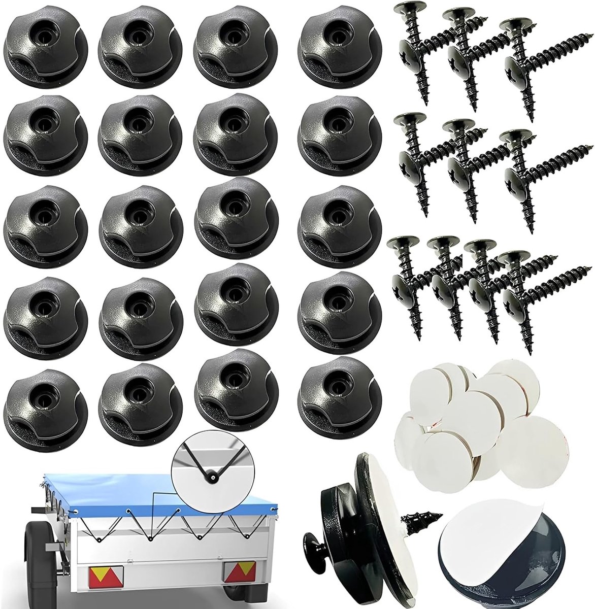 20 ronde dekzeilknopen voor aanhangers en ladingbeveiliging, van hard plastic, met schroeven en kleefpads, voor het bevestigen van netten, dekzeilen, spanbanden (zwart)
