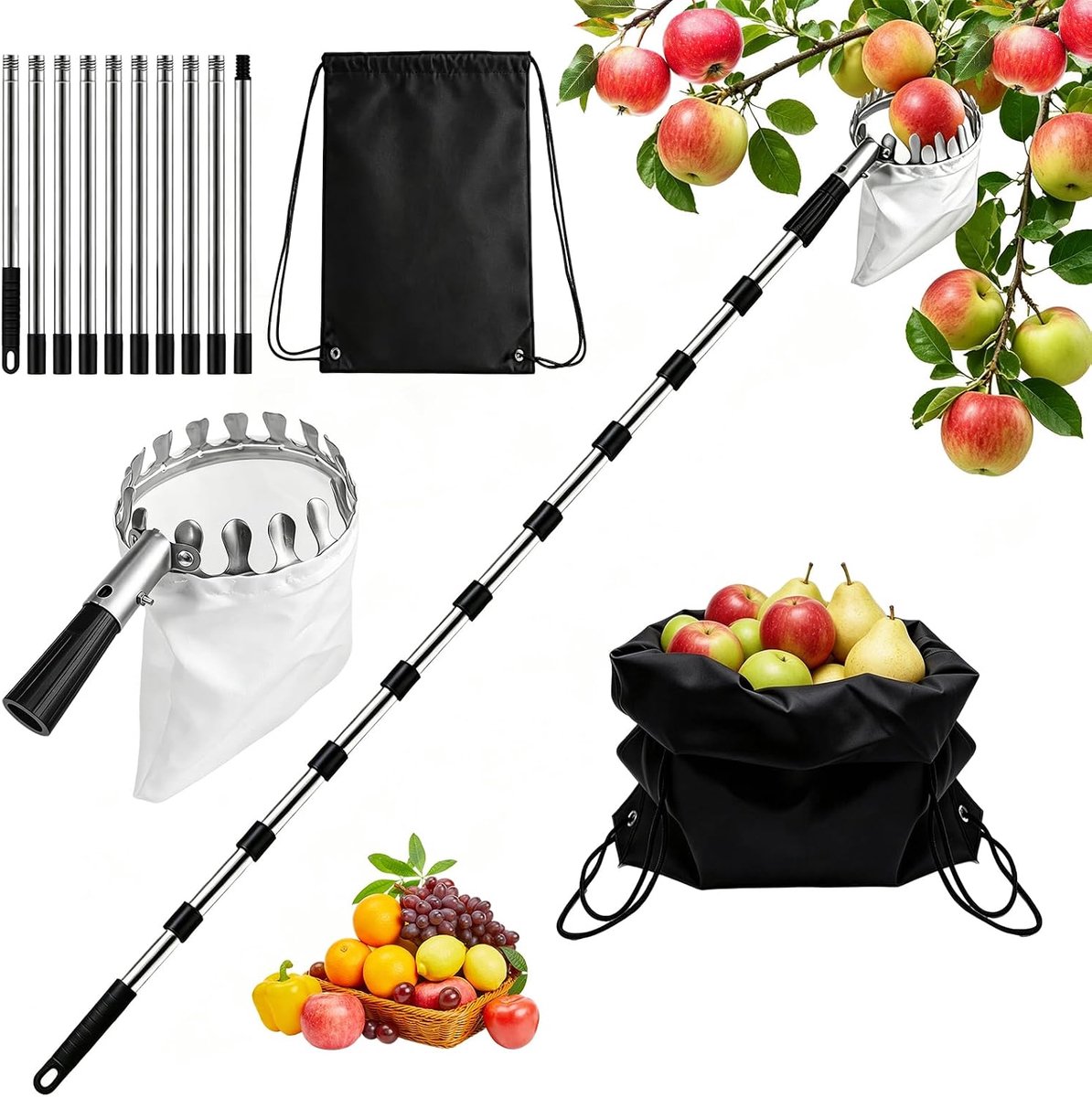 4M Fruitplukker met telescoopsteel, appelplukker met telescoopsteel, fruitplukker met roestvrijstalen telescooppaal en katoenen zak, peren, citrus, oranje