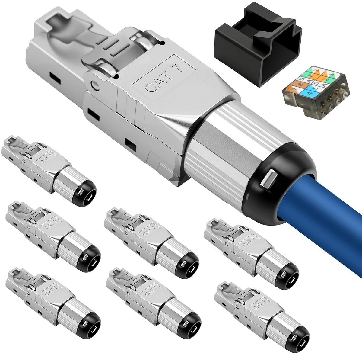 10 Gbps, CAT7 RJ45-stekker, LSA, afgeschermd, zonder gereedschap voor installatiekabel/patchkabel, CAT 7 netwerkstekker met beschermhoes, volledig afgeschermd STP, AWG 23-26 (8 stuks)