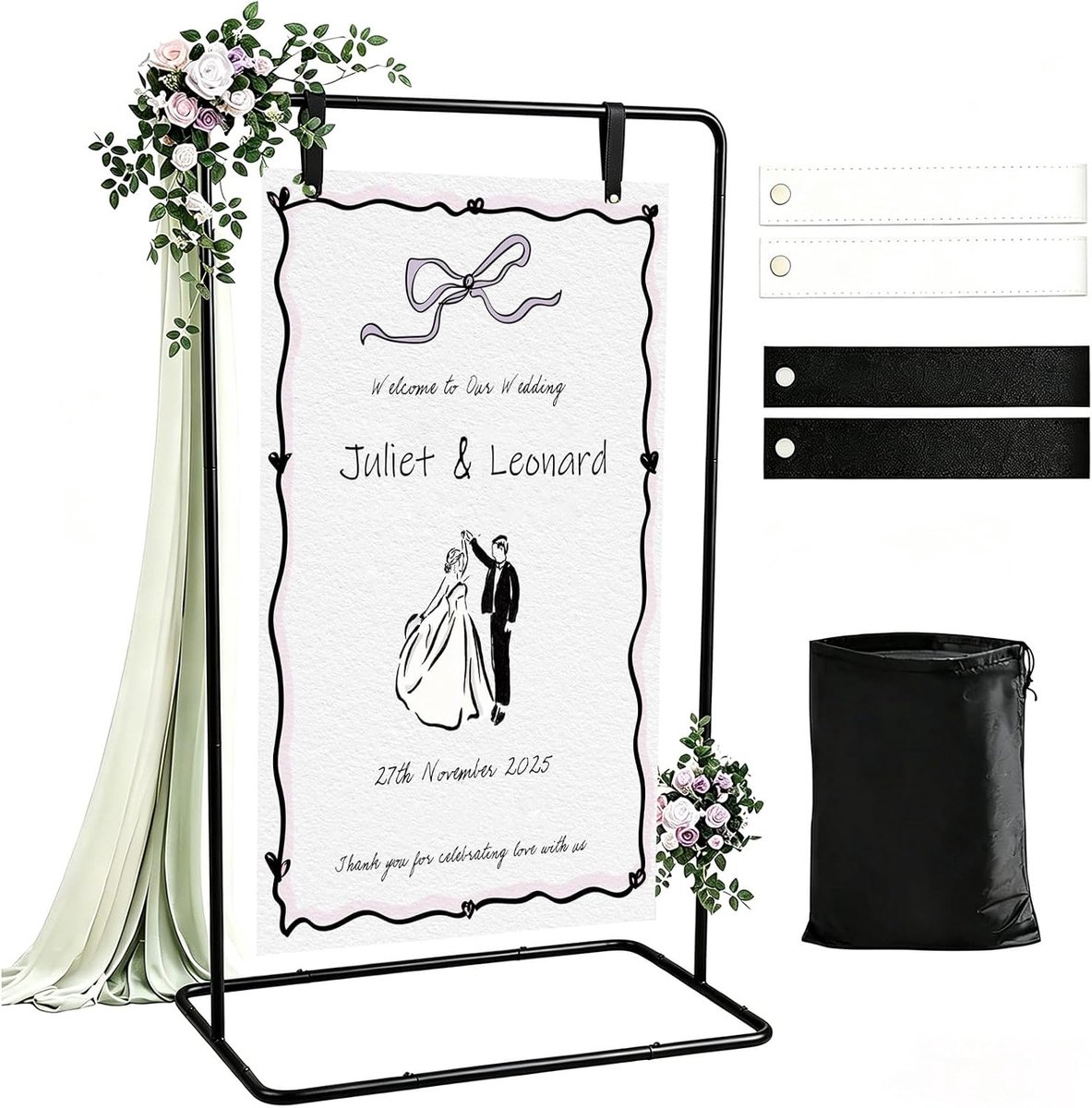 Houder voor bruiloft welkomstbordje, 173 x 80 x 50 cm, bruiloftsbordhouder met 4 lederen riemen, bruiloftsstandaard, geschikt voor bruiloftsborden, posters, zitplan, receptie en decoratie (goud)