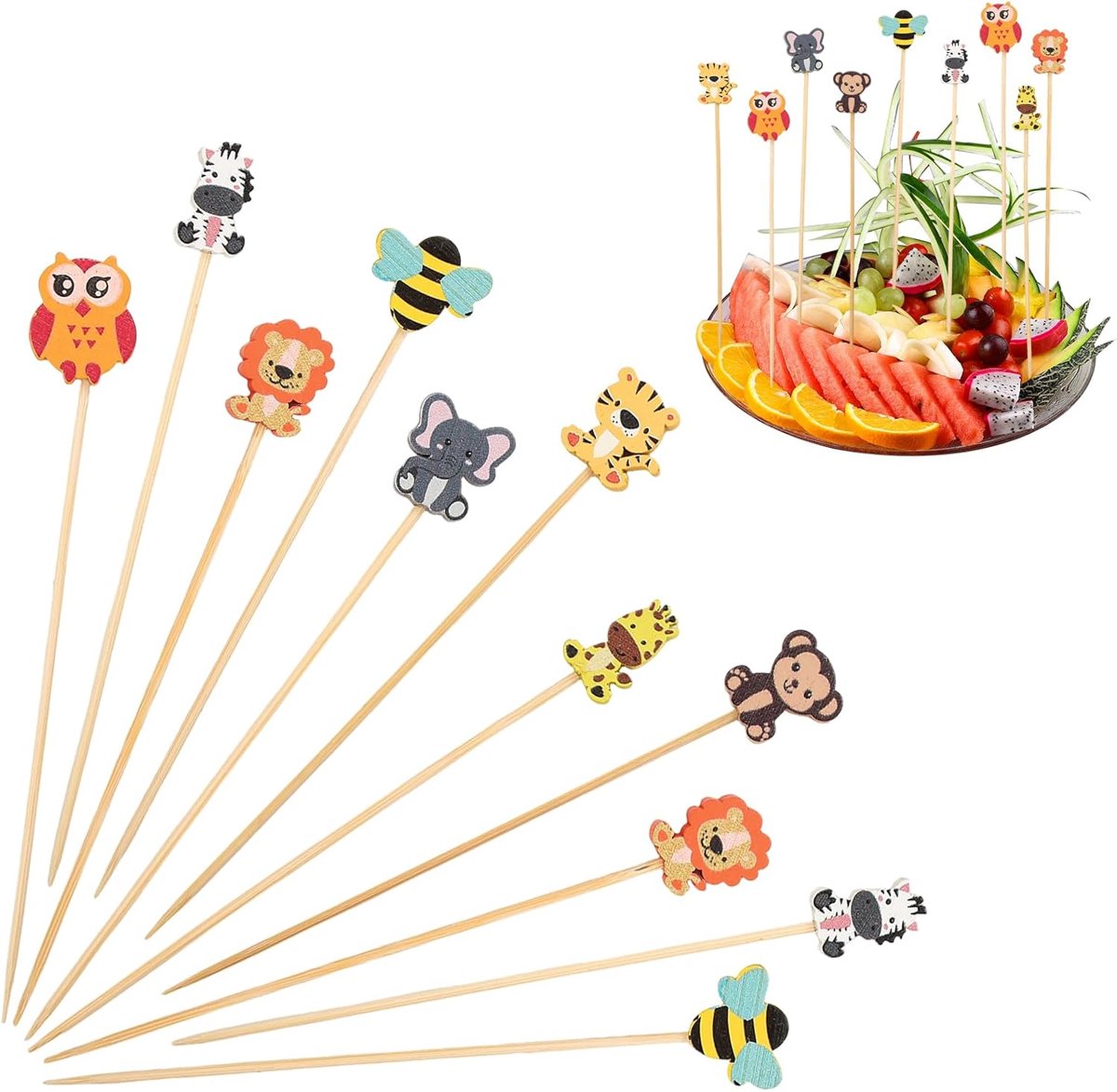120 stuks dierencocktailspiesen 13 cm, houten spiesen met leeuw, tijger, olifant, giraffe decoratie, fingerfood spiesen hout wegwerp, fruitspiesen partyspiesen voor kinderen, verjaardag, zomerfeest en