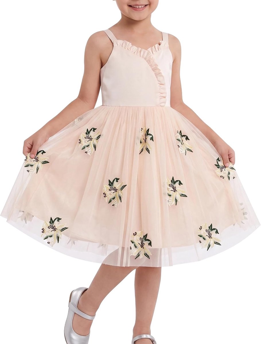 Beige Geborduurde Bloemen Mesh Ruches Mouwloos Feest Onder de Knie Tule Jurk