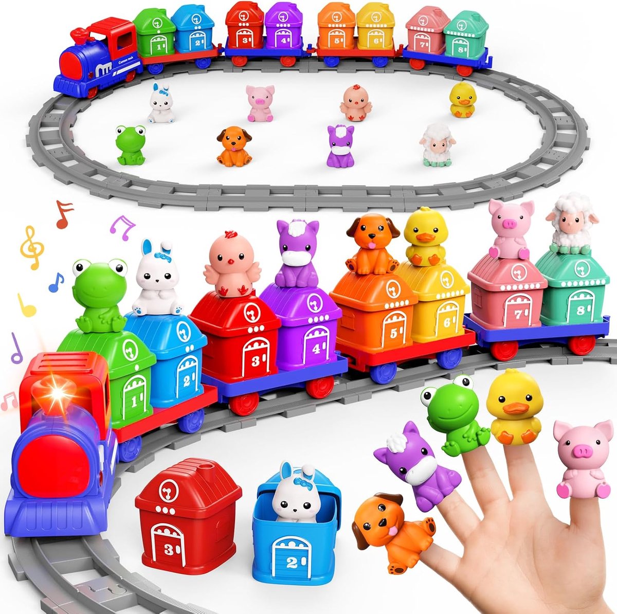 Spoorwegset voor peuters – educatief speelgoed -3 jaar, railspeelset met boerderijdieren en vingerpoppen, Montessori-speelgoed om te sorteren