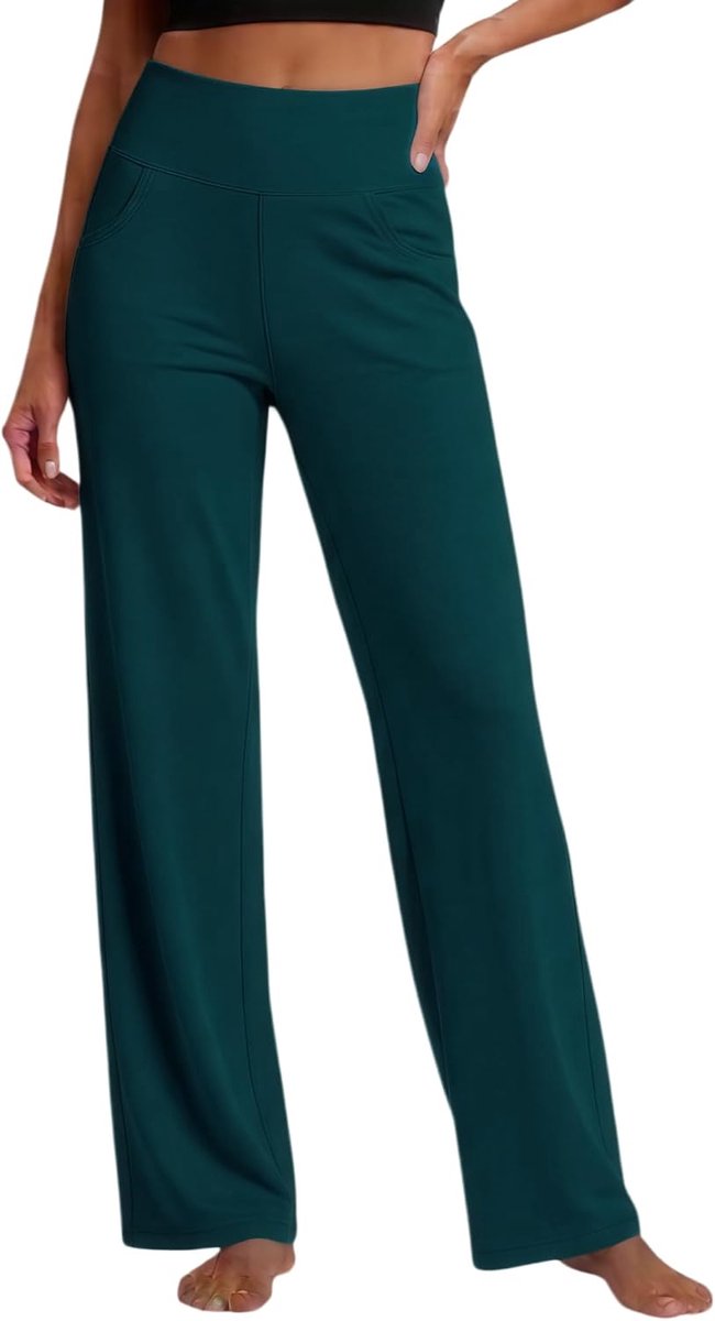Yogabroek voor dames, wijde pijpen, damesbroek met zakken, elegante stoffen broek en uitlopende broek voor yoga, vrije tijd en kantoor
