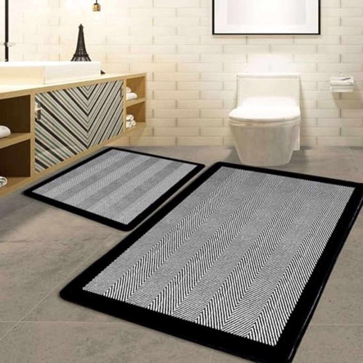 Gestreepte 2-delige Badkamertapijtset - Antislip en Waterabsorberend
