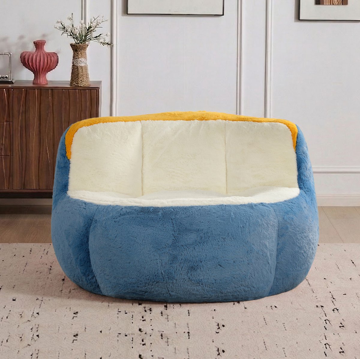 STILVORA Zitzak 56 x 45 x 31 cm - Loungestoel met Rugleuning en Schuimvulling - Woonkamer - Imitatiebont - Multicolor Blauw