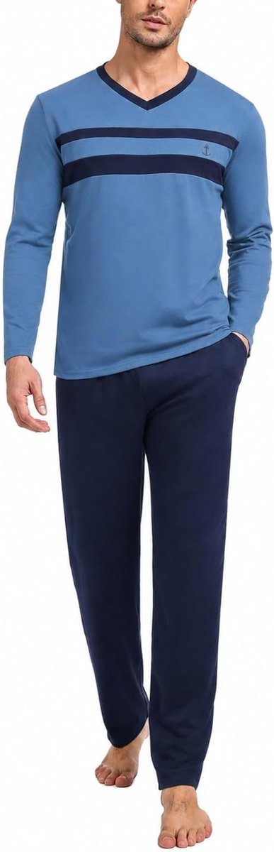 Heren winterpyjama heren katoen lange V-hals pyjama heren casual licht S-XXL