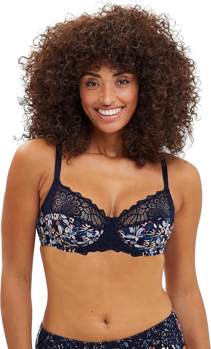 - Beugelbeha met beugels, Flora-blauw, Blue & Pale Pink Floral Print, 75D