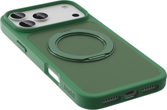 Matgroen telefoonhoesje met ringstandaard en magsafe, met openingen voor de luidsprekers.