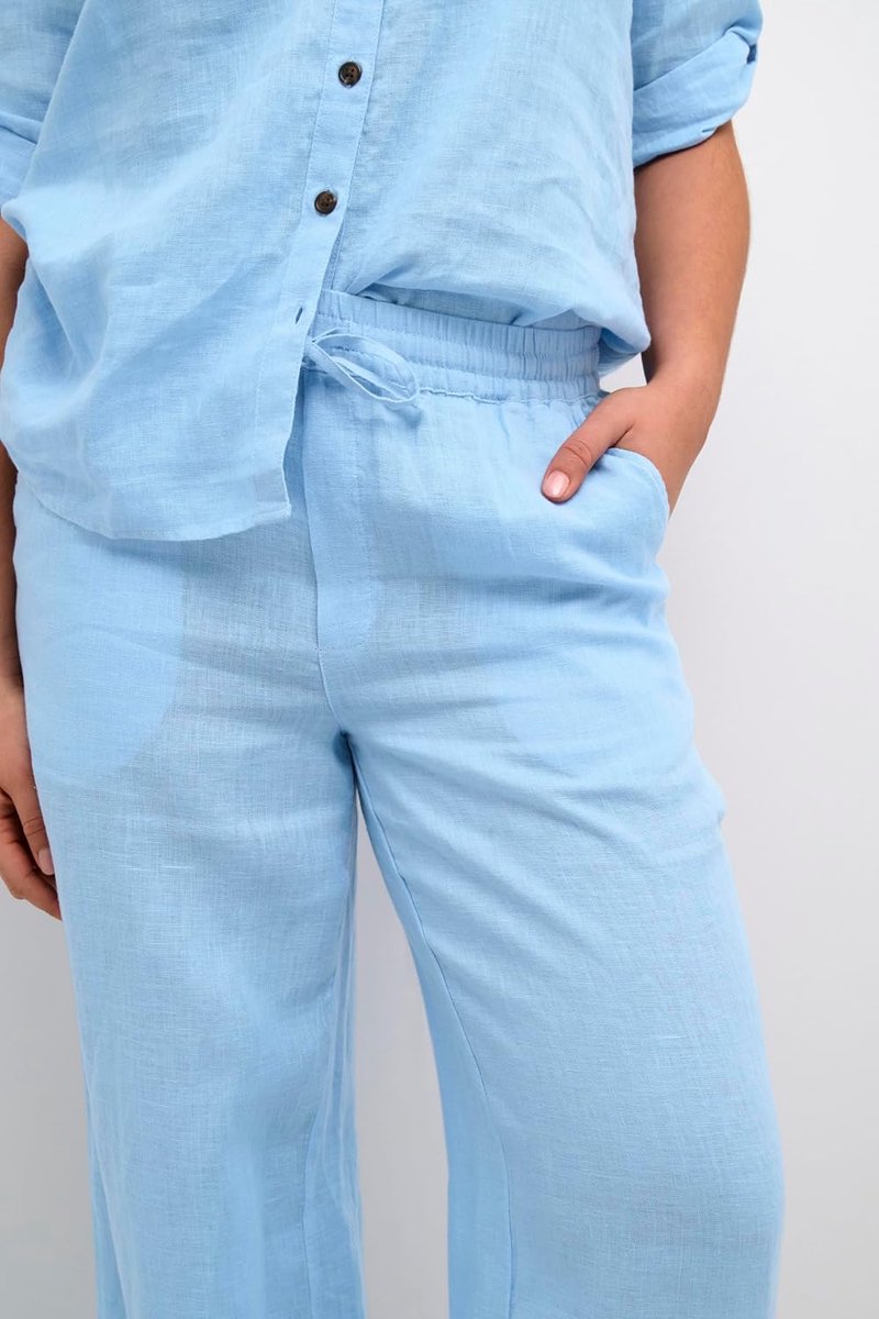 Broeken Cream Damesbroek Met Elastische Taille En Brede Pijpen Aan De Zijkant
