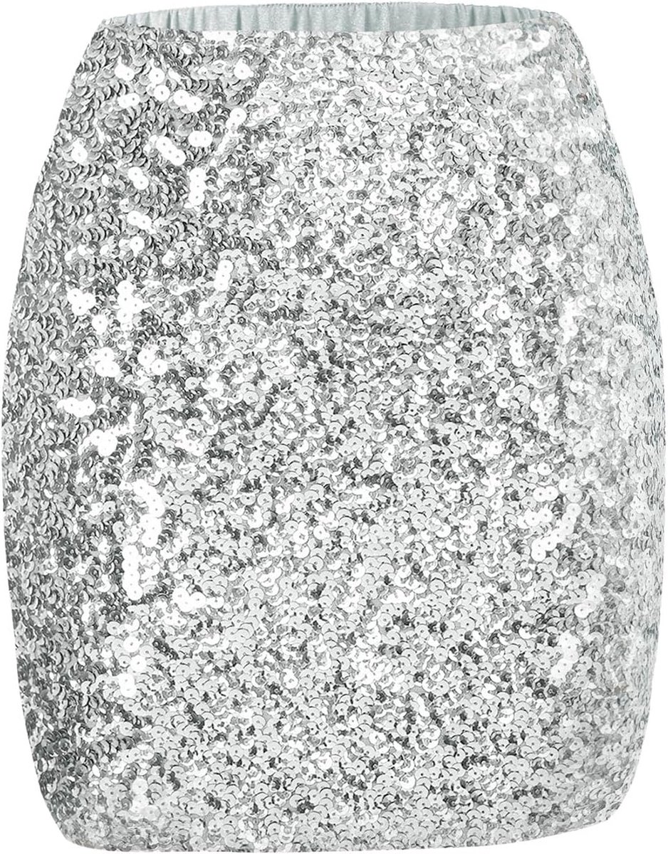 Vrouwen Fonkelende Rok Elastische Taille Glitter Rok met Voering Korte A-lijn Hippe Pailletten Mini Rok voor Festival Rave Party Night Out