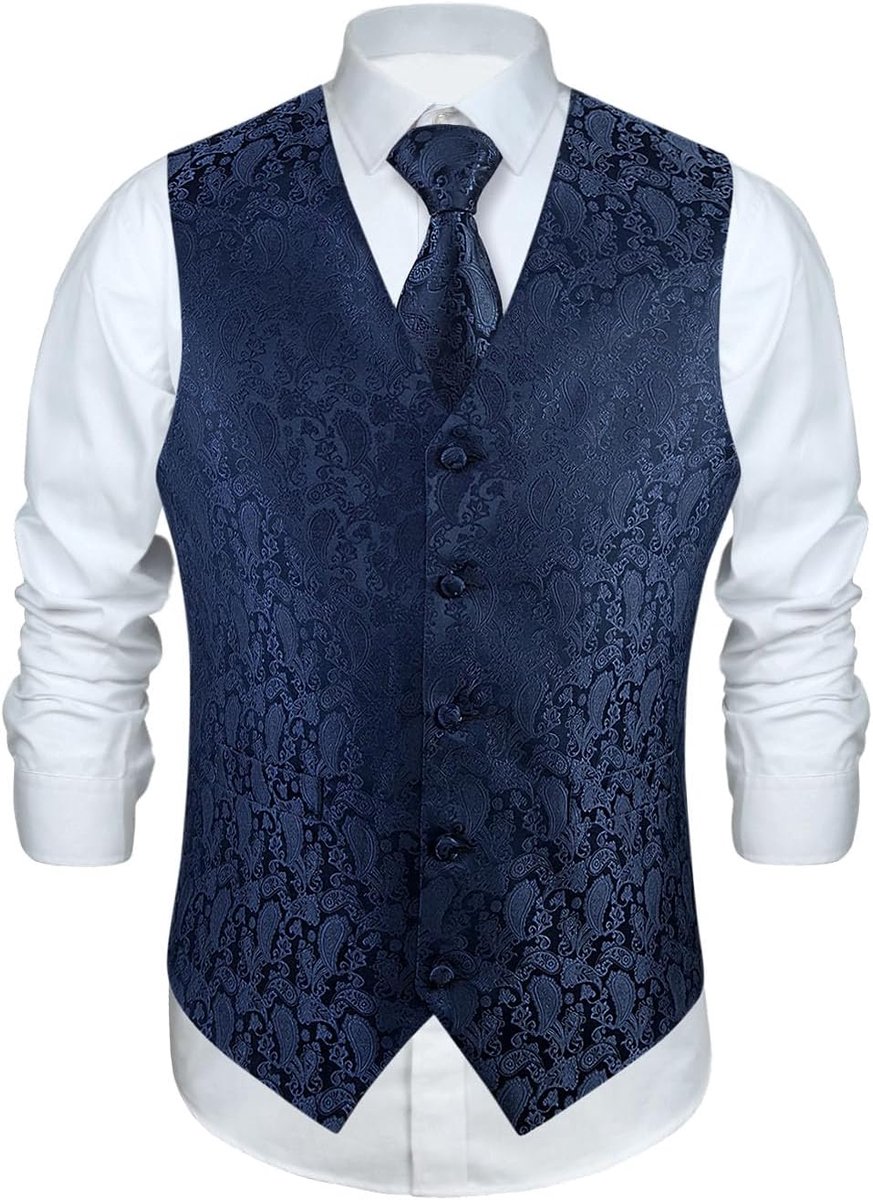 Gilet voor heren, paisley-gilet voor bruiloft, stropdas, pochet, bloemenpatroon, jacquard feestpak, set met gilet
