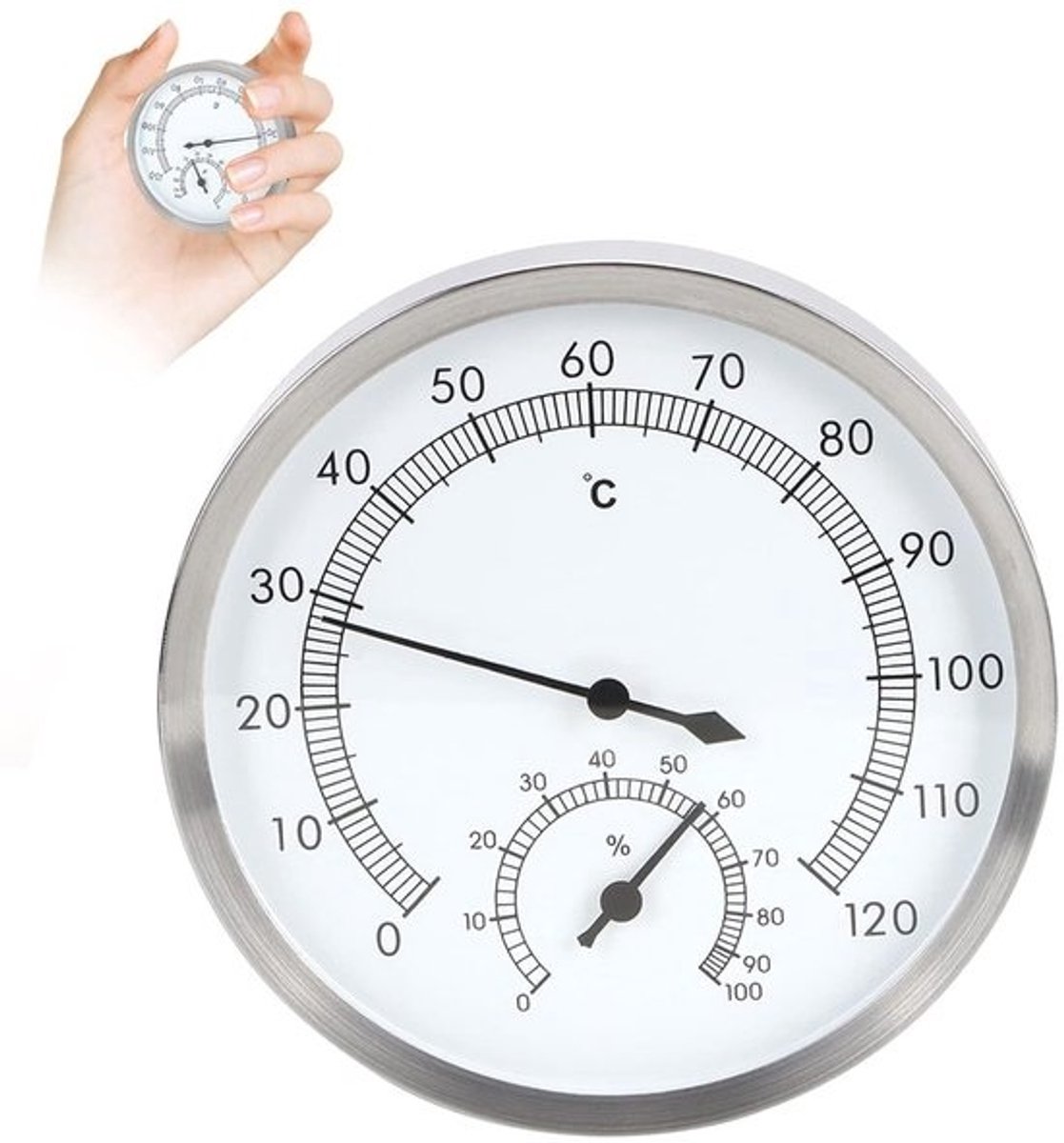 Thermo-hygrometer analoog 2-in-1 - roestvrijstalen thermometer - hygrometer apparatuur accessoires voor thuis - kantoor - tuin - sauna binnen
