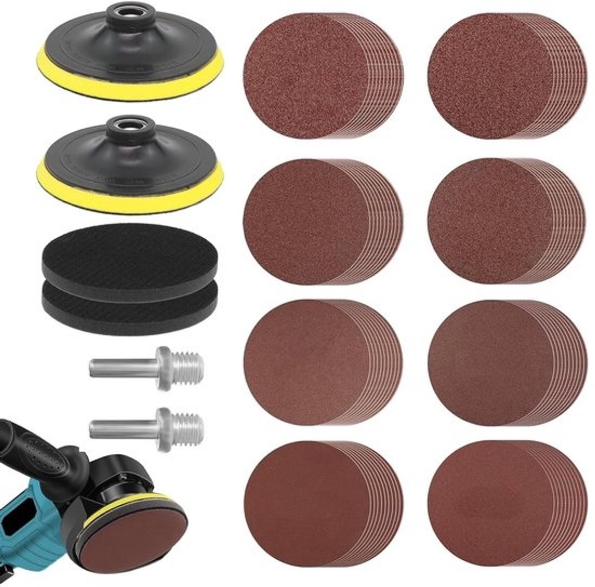 80 pieces sanding discs set with 2 M14 sanding plates, 2 shafts and 2 buffer pads, sandpaper 125 mm grit - ShopVlot