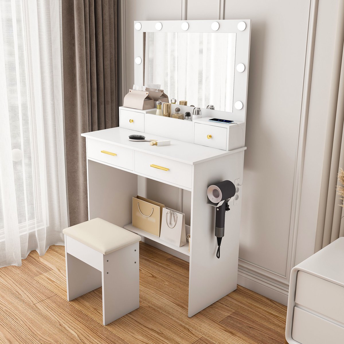 Zubaliya Kaptafel met LED-spiegel, kruk en 4 lades - wit - 80 x 40 x 137 cm