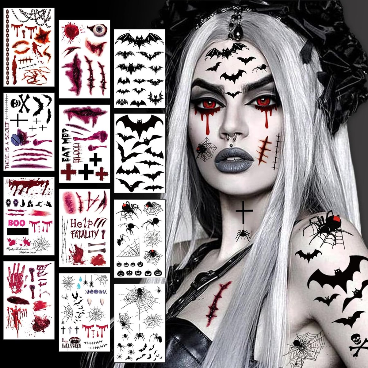 Carnaval, 12 vellen grote maat halloweenkostuum dames griezelige accessoires, volwassenen heksen vampier zombieduivel nepbloed littekens vleermuis tattoo gezicht make-up stickers