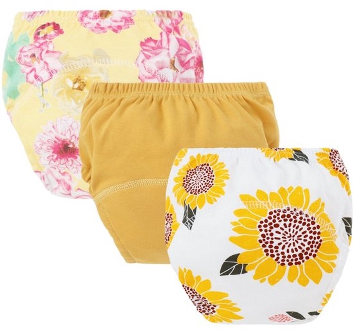 3-pack katoenen babytrainingsbroekjes - Herbruikbare peutertrainingsbroekjes - Voor zindelijkheidstraining - Chrysant, kurkuma en zonnebloem - Luiers - Gele achtergrond - Voor jongens en meisjes - 12-18 kg