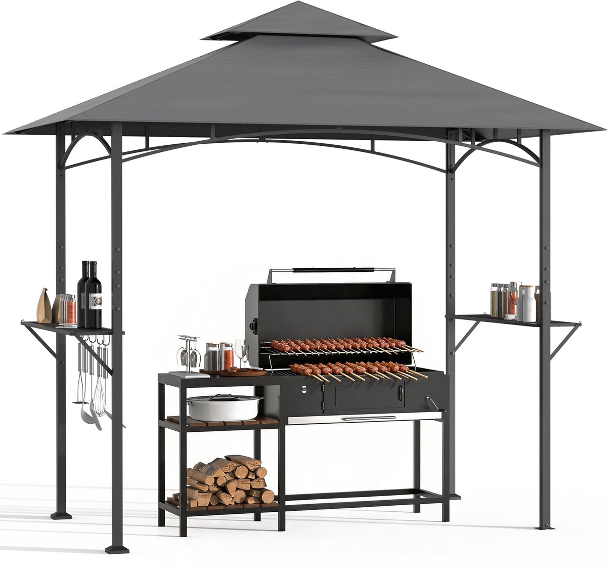 Arvioo - BBQ paviljoen - Tuin - Dubbel dak - Opbergplanken - Grijs