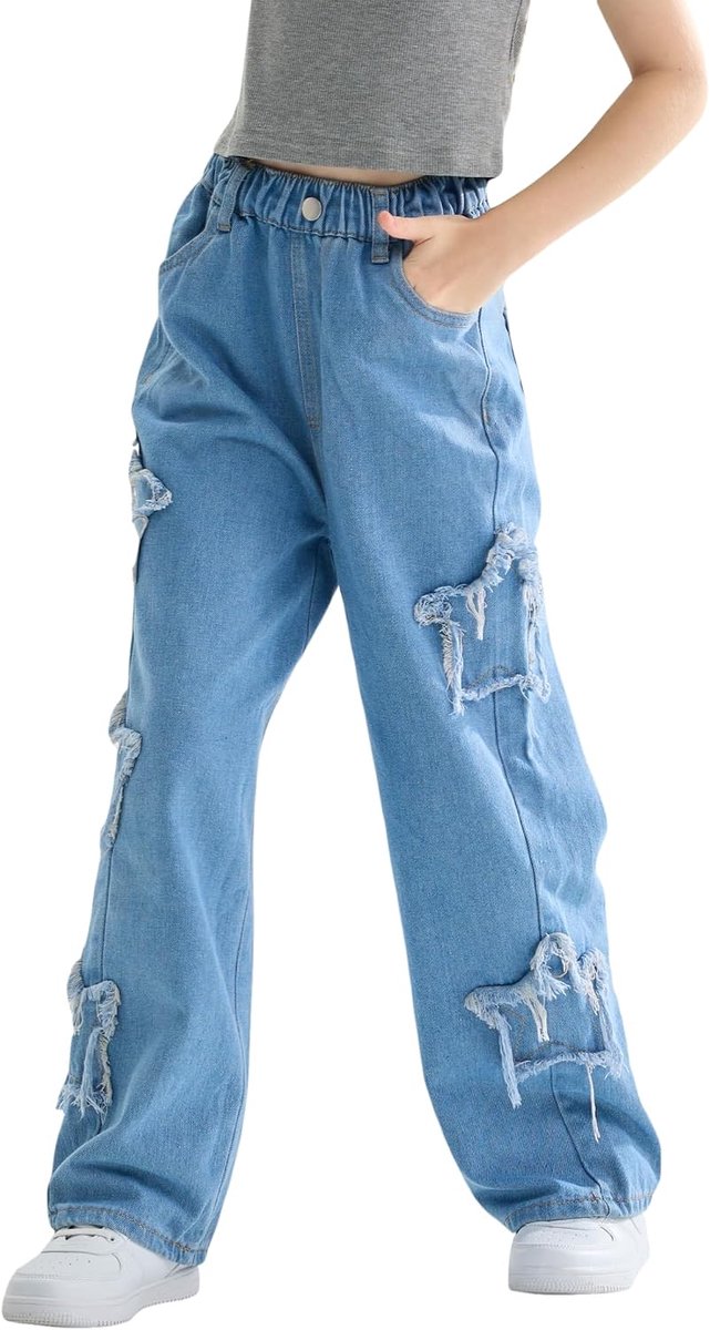 Jeans voor meisjes met losse elastische denim tailleband, blauwe spijkerbroek met modieuze scheuren