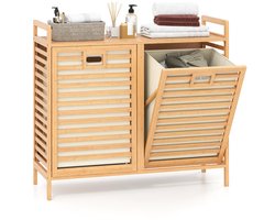 COSTWAY Dubbele wasmand, draaibaar, 75 liter, bamboe wasverzamelaar met 2 afneembare containers, handgrepen, vrijstaande badkamerkast, 80 x 30 x 72 cm, voor wasruimte, badkamer, slaapkamer
