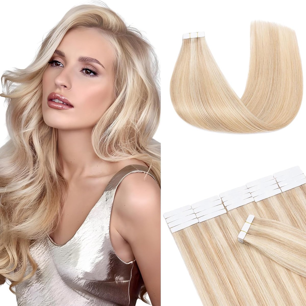 Haarverlenging natuurlijk 20 stuks 50 cm 50g Asblond/blond onzichtbare plakband korte haarverlenging van echt haar Remy tape-in haarverlengingen echt haar (#18P613)