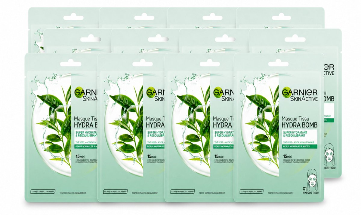 12 x Garnier - SkinActive - Hydra Bomb Tissue Masker - Groene Thee - 1 Gezichtsmasker - Voordeelverpakking - 12 stuks
