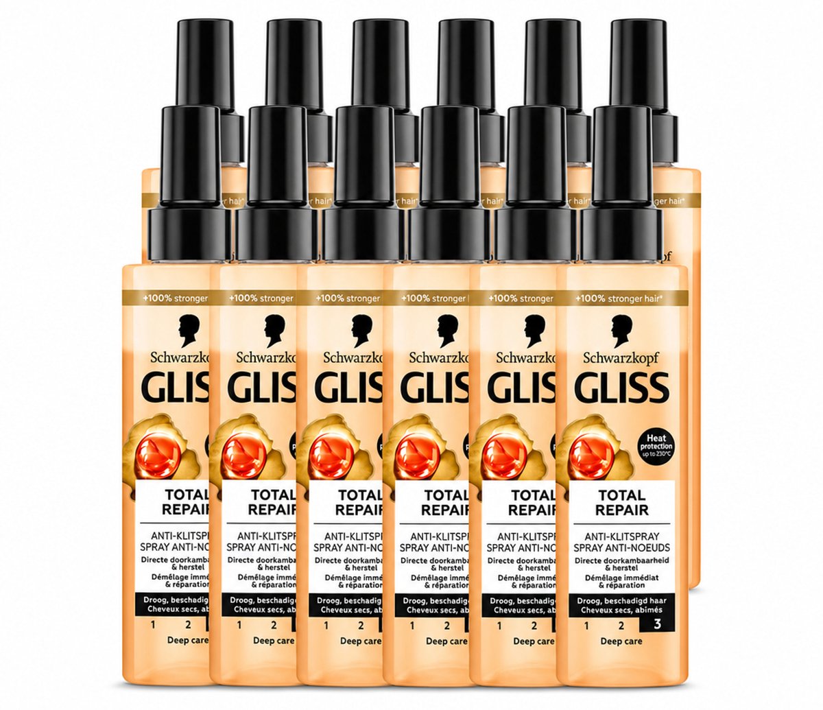 12 x Gliss - Total Repair Anti-Klit Spray - Voor Beschadigd en Droog Haar - 200 ml - Voordeelverpakking - 12 stuks