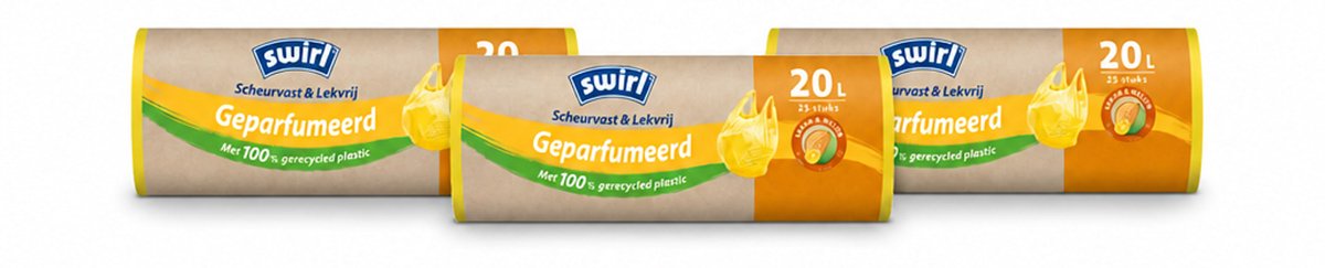 3 x Swirl – Vuilniszakken 20 L – Handvat – Lemon & Melon Geparfumeerd – 25 zakken - Bulkverpakking - 3 stuks