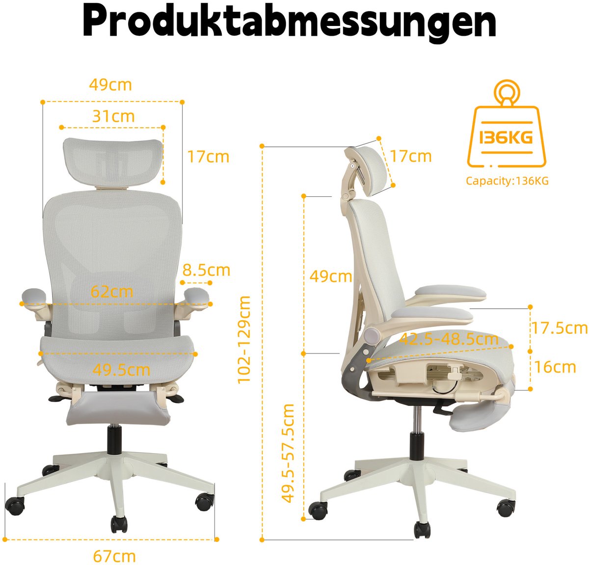 MODENUIT Bureaustoel 65 x 58,5 x 52,5 cm - Inklapbaar Met 3D-Hoofdsteun En Lendensteun - Voor Werk - Netstof Grijs