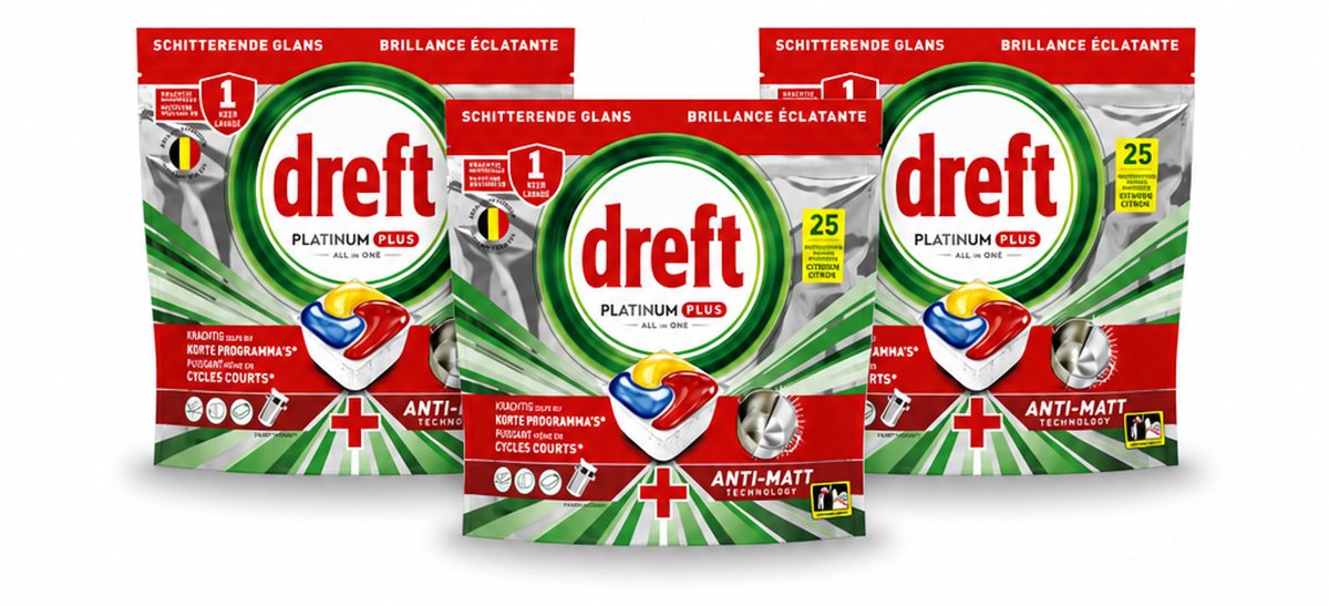 3 x Dreft - Vaatwastabletten - Platinum Plus All-in-One Citroen - Frisse geur - 25 Tabletten - Voordeelverpakking - 3 stuks