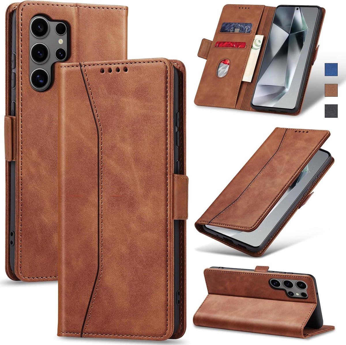 Hoesje voor Samsung Galaxy S24 Ultra Hoes Book case, Premium Lederen Flip Wallet Telefoon Case [Kickstand]Hoogwaardige cover mobiele telefoon case geval beschermhoes (Bruin)