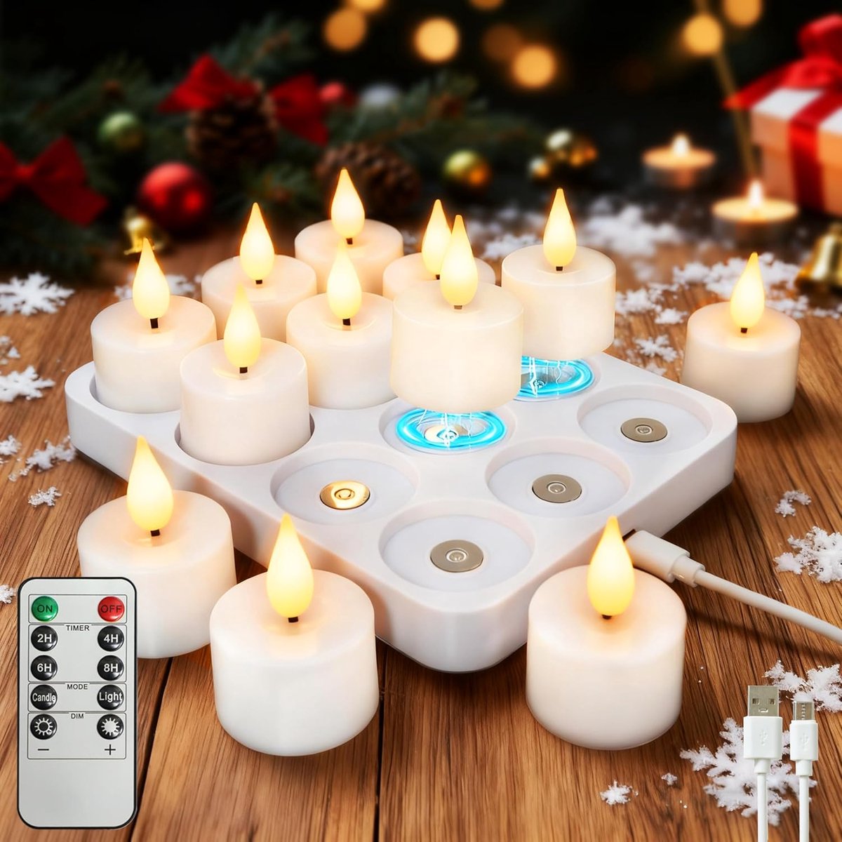Echosari 12 stuks led-theelichtjes, oplaadbaar met timer, batterij, led-kaarsen, flikkerend met afstandsbediening, USB-oplaadstation, oplaadbaar, theelichtjes voor Halloween, tafel, kerstdecoratie