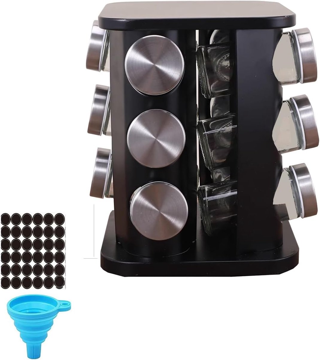 Rack With Jars, Spice Rack Organizers voor Countertop, Keuken Spice Tower Organizer voor Countertop of Kabinet, Keuken Gadgets,Gemaakt Van Roestvrij Staal En (Black, SquareHead_12Jars)