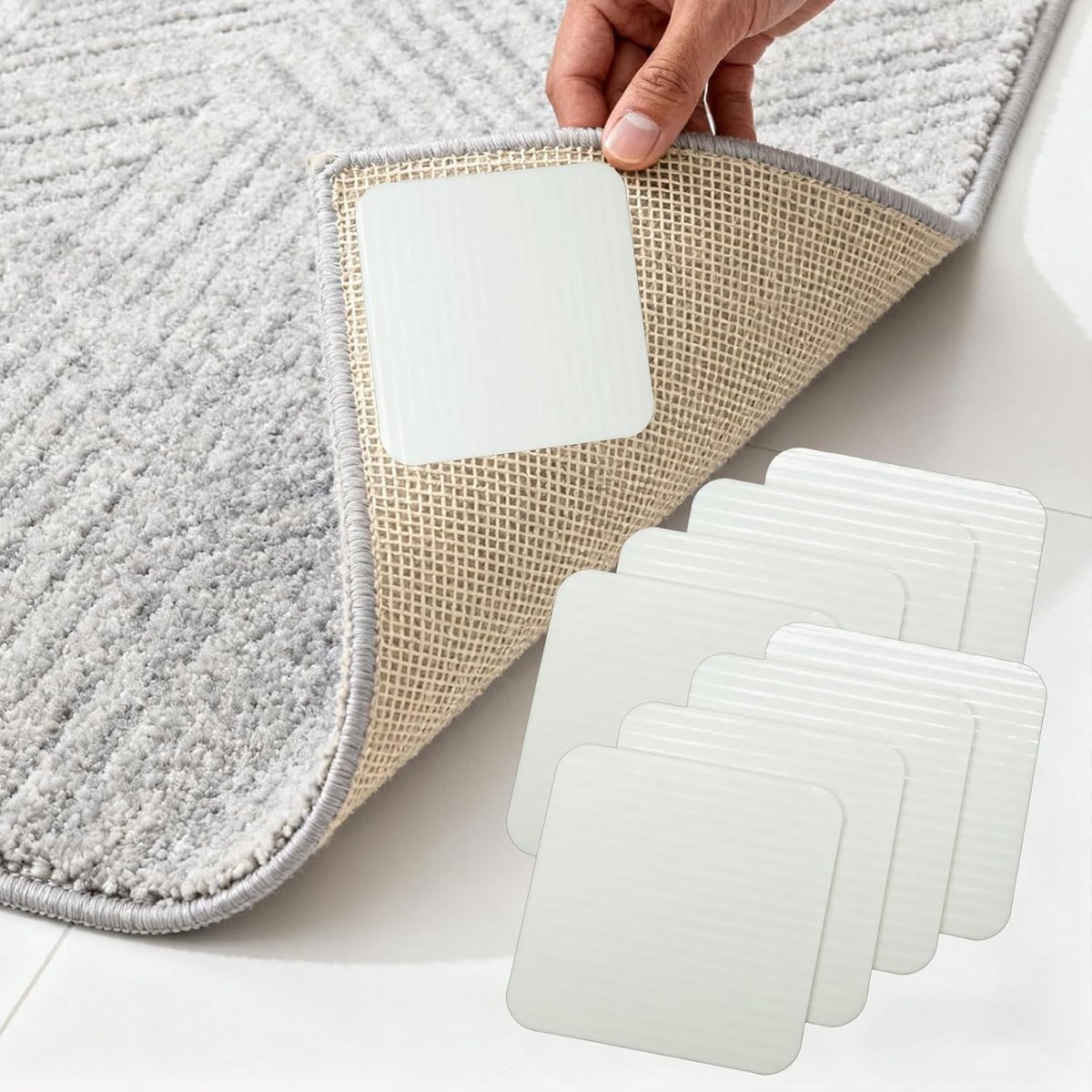 8 stuks zelfklevende pads, tapijt, antislip onderlaag, wasbaar, stopper, antislipmat voor hardhouten vloeren, 10 x 10 cm (wit, strepen)