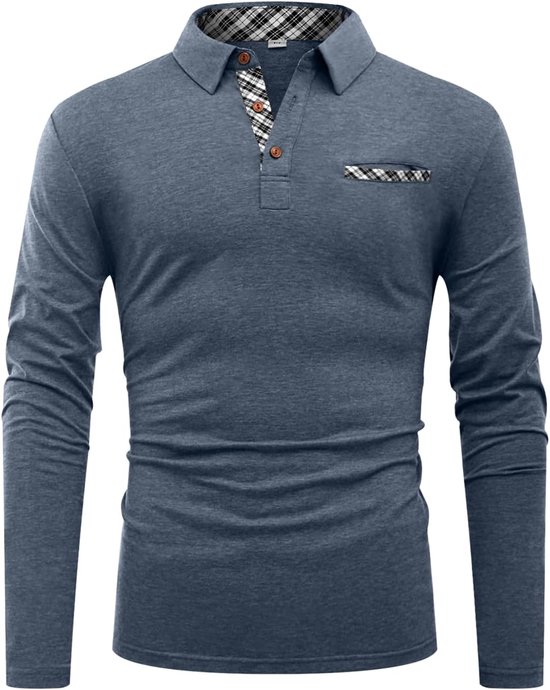 Blauw poloshirt met lange mouwen, geruite kraag en borstzakje. Twee knoopjes bij de hals.