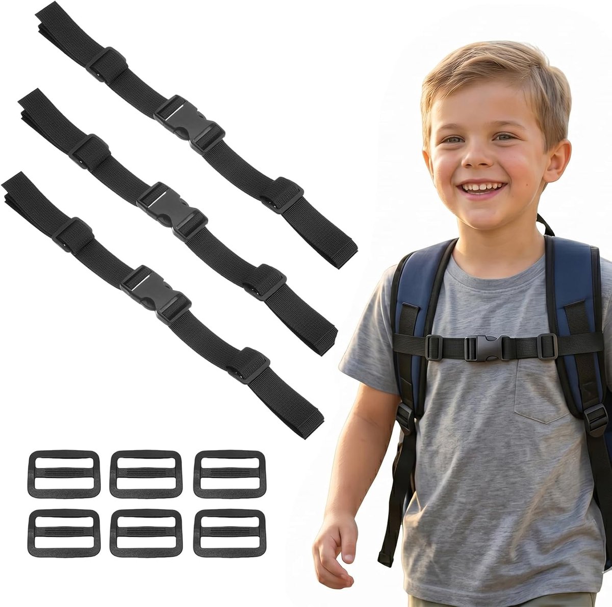 3 x borstband voor kinderrugzak, antislip, verstelbaar, met snelsluitgesp, riem voor school, wandelen en outdooractiviteiten, zwart