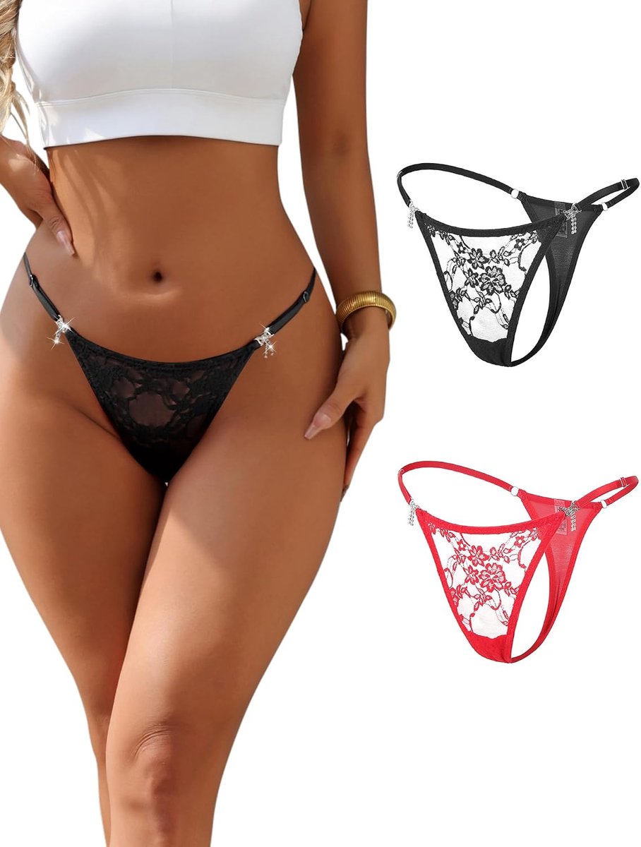 Tanga sexy dunne dames string kant Braziliaanse slip grote maten verstelbaar ondergoed met strass ademende onderbroek mini slipje lage taille hipster slipje lingerie
