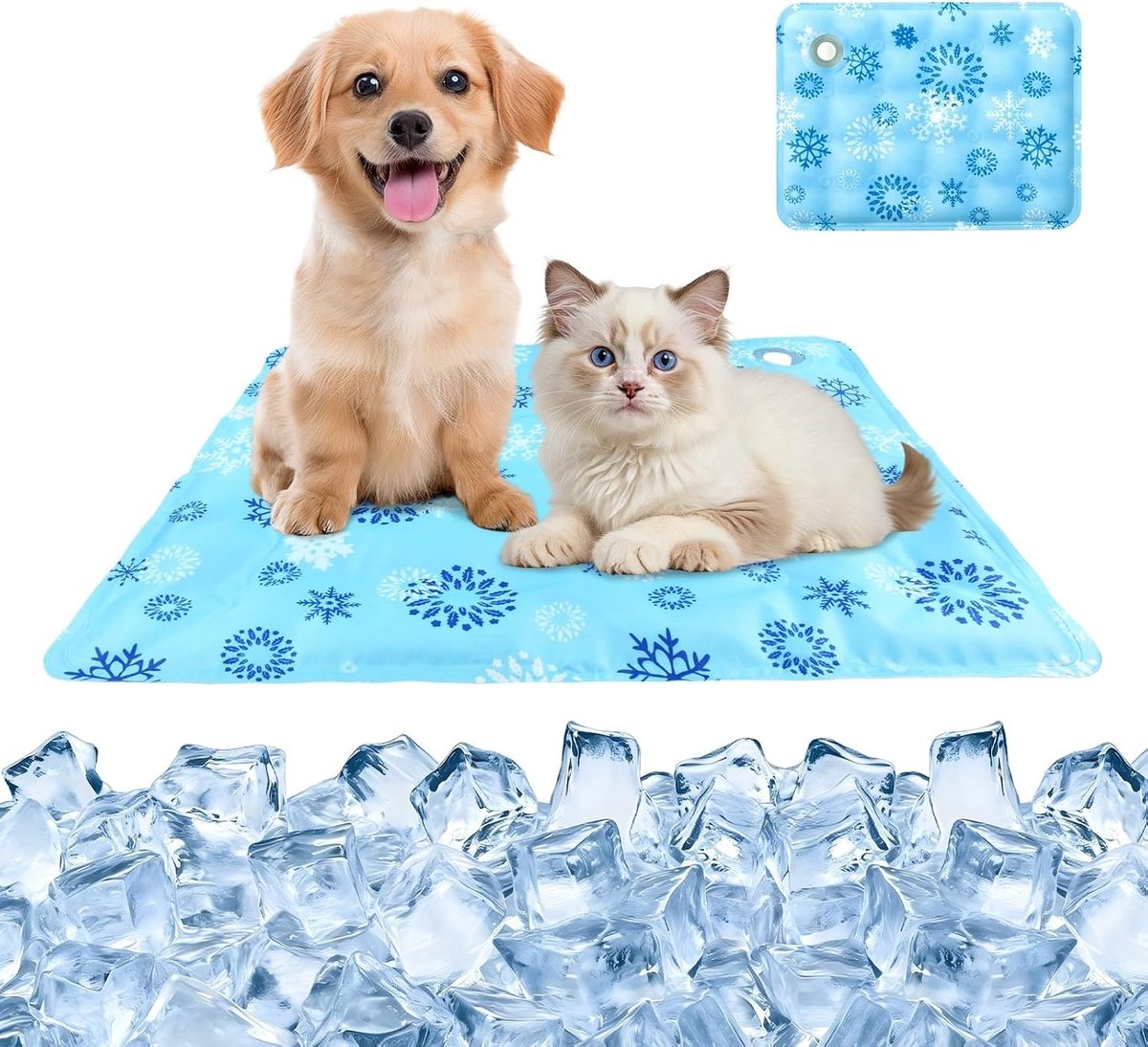 Koelmat voor kleine honden en katten, waterkoelkussen met geleffect, anti-hitte, zomer, waterdicht, gemakkelijk te reinigen (sneeuwvlokkenpatroon, M (40 x 50 cm))