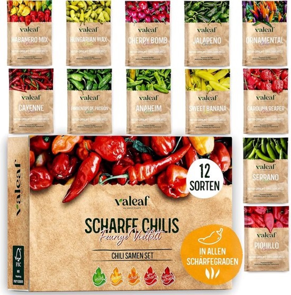 Chili zaden set - 12 scherpe tot milde zaden van chilipepers van topkwaliteit, inclusief Carolina Reaper zaden en zeldzame soorten
