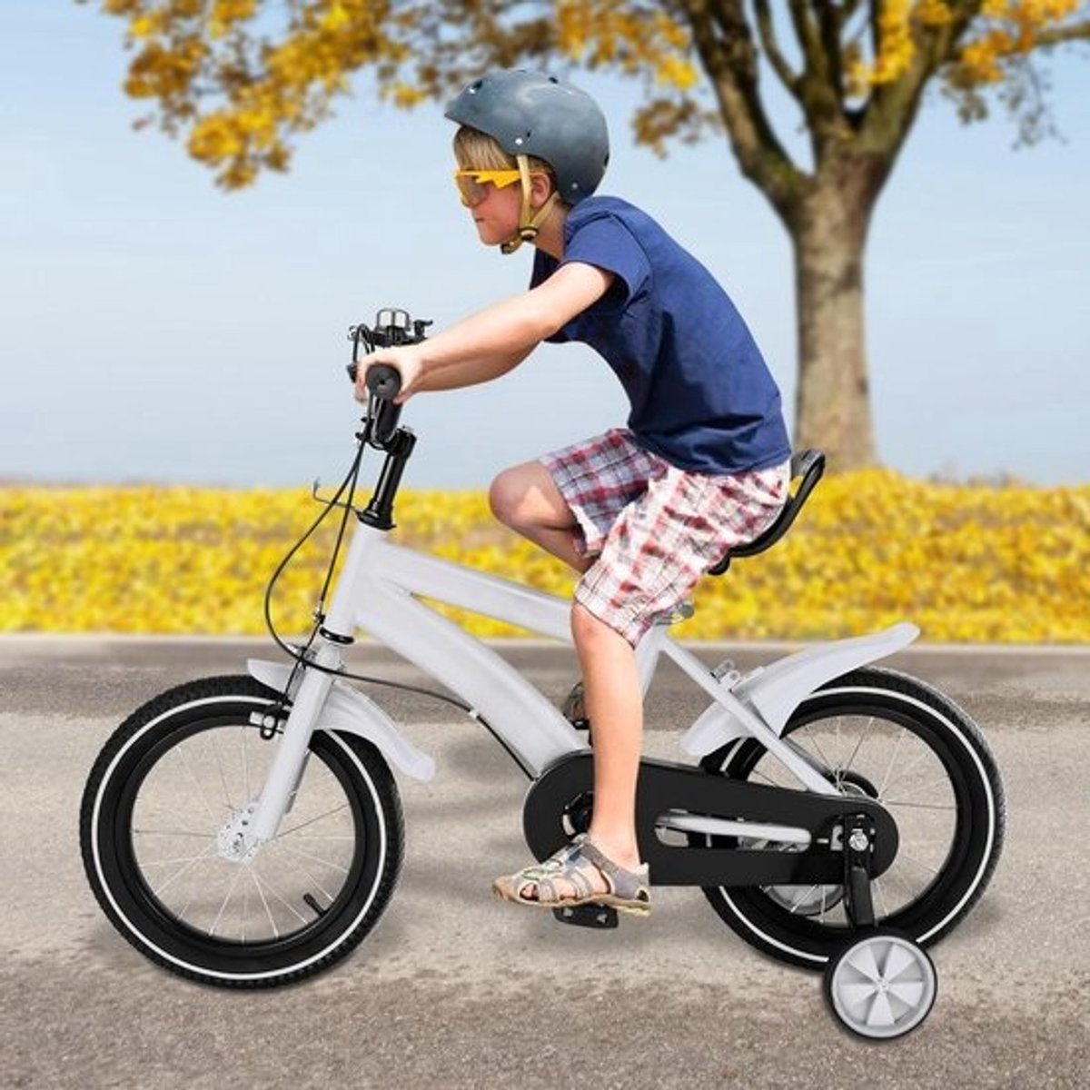 Kinderfiets 14 inch - Loopfiets met steunwielen - Eerste fiets leren - Dubbel remsysteem - 14 inch - Wit