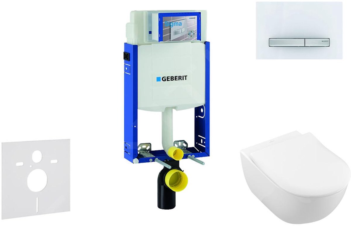 Toiletset met Sigma50 bedieningsplaat, alpine wit + Villeroy Boch hangend toilet en wc bril, DirectFlush, SoftClose, CeramicPlus