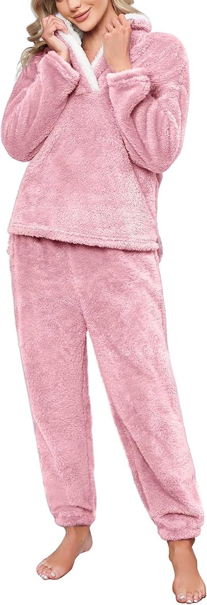 Pyjama dames winter pluche pyjama dames winter warme pyjama dames winter fleece pyjama zachte pyjama lange tweedelige dames met sweatshirt en broek, Roze, S