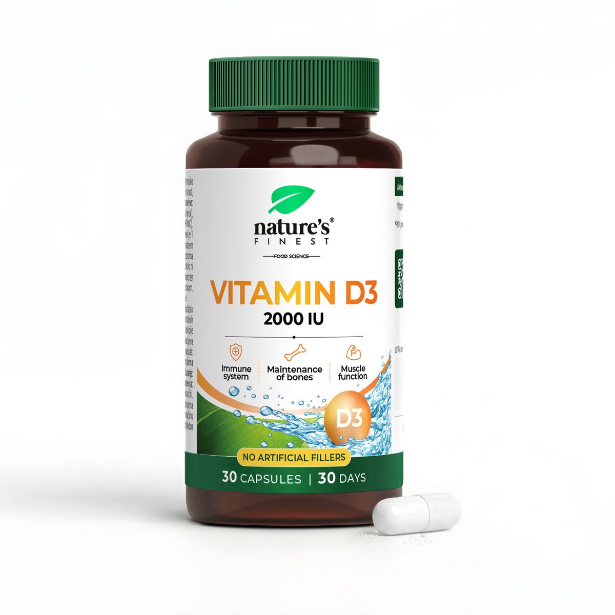 Nature's Finest Vitamine D3 2000 IE - Voedingssupplement 30 Capsules - 50 mcg Vitamine D3 per Capsule (1000% RI) - Draagt bij aan Normale Botten, Spierfunctie en Immuunsysteem - Vegan HPMC