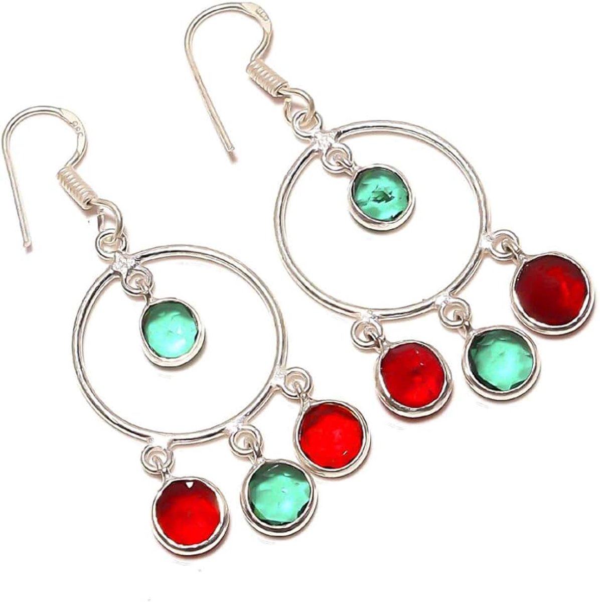 Kashish Fantasy! Blauwe Topaz en rode Garnet Quartz Oorbel 2,5 Lang, Handgemaakt Zilver Plated! Etnische Wear Jewelry From Kashish! Bruiloft en Verjaardag Unisex - Volwassene Multi